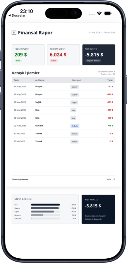 Cepte Bütçe finansal rapor ekranı